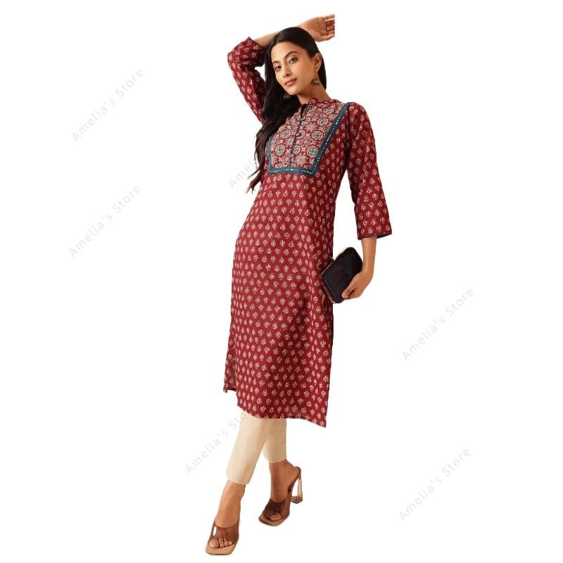 봄 여름 여성용 에스닉 마룬 플로럴 프린트 쿠르타 인도 - Summer Clothing Pakistan 리뷰 및 가격